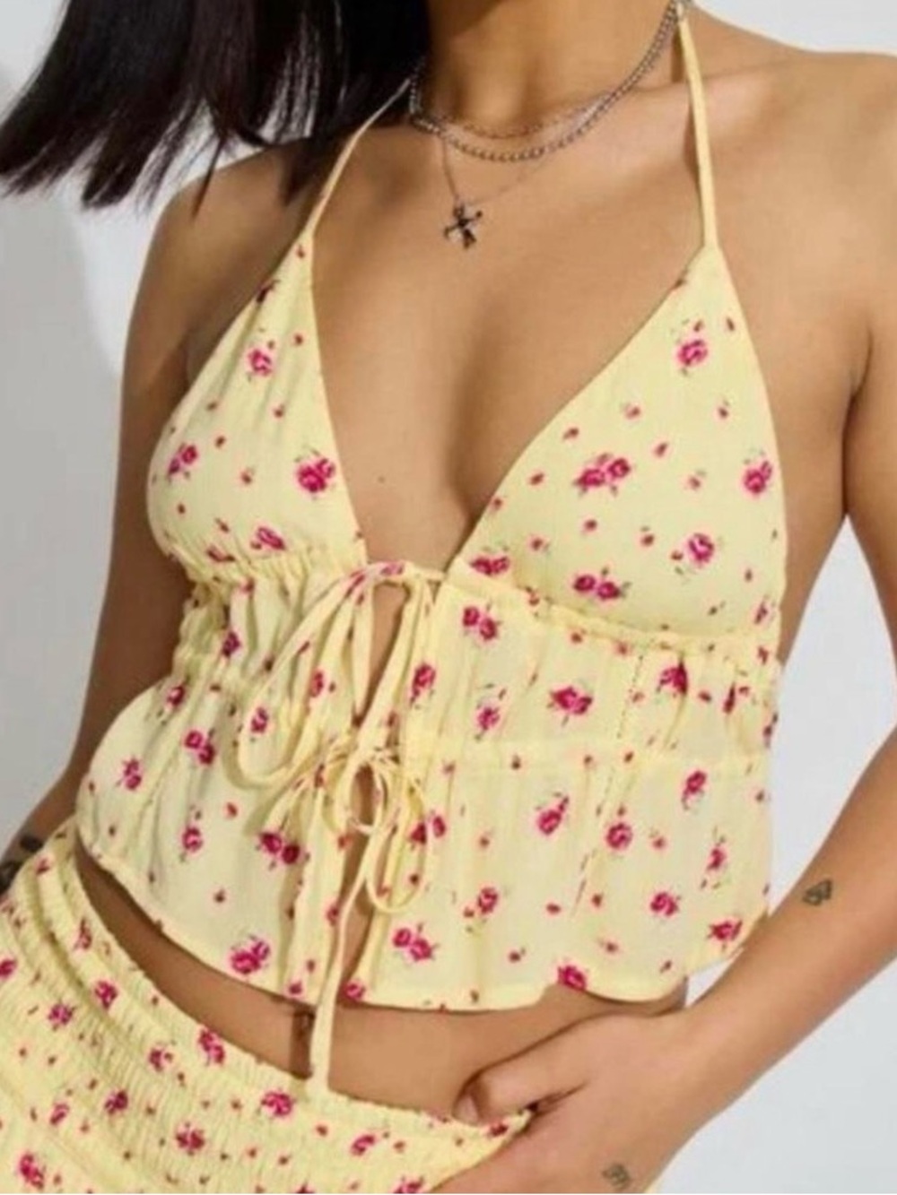 Garage Yellow Floral Tie-Front Halter Crop Top